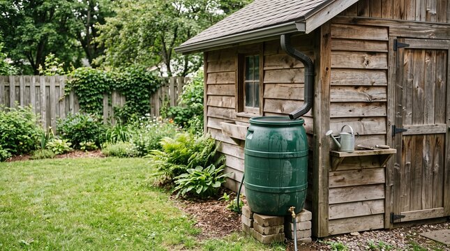 Rain barrel collecting water beside a wooden garden shed in a natural backyard setting. Sustainable living photo for eco brands and rainwater collection equipment marketing.