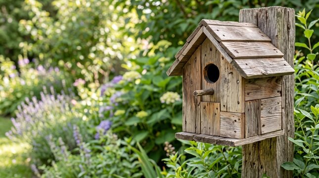 Handmade birdhouse crafted from scrap wood pieces mounted on a garden post. Upcycling craft photo for eco lifestyle brands and DIY garden marketing.