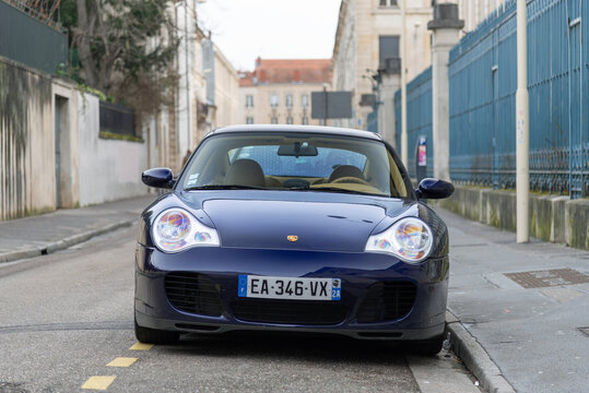 Nancy, France - March 2nd 2019 : View on a blue Porsche 996 Carrera 4S parked in a street.