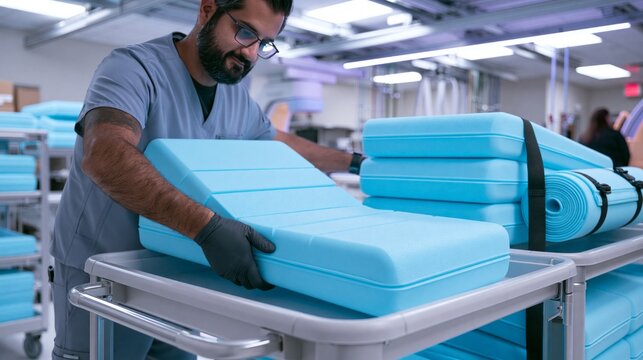 Male Radiology Aide Arranging Blue Patient Positioning Wedges on Imaging Cart