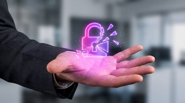 Glowing broken padlock icon held by a hand, symbolizing data breach, cyber security vulnerability, and digital threat