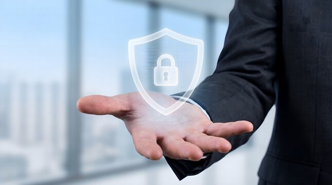 Businessman's hand presenting a glowing digital security shield with a padlock, symbolizing robust data protection and cybersecurity in a modern business environment