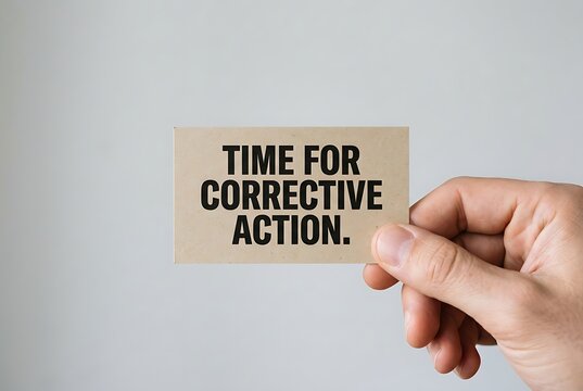 Hand holding a card with "TIME FOR CORRECTIVE ACTION." text, suggesting business strategy and problem solving.