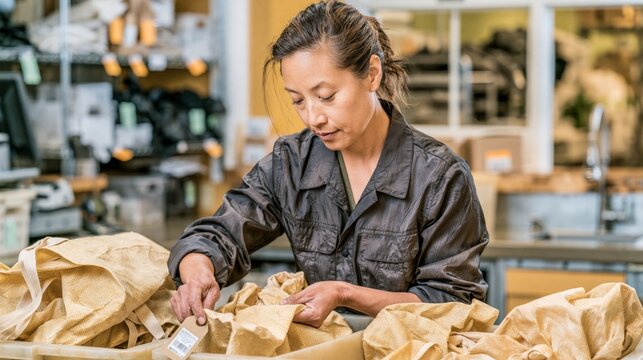 Store Worker Checking Returned Reusable Bags in Backroom