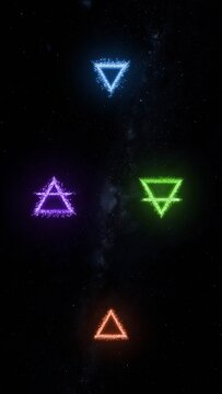  glowing  icons representing the elements: fire, water, air, and earth. Each symbol is rendered in a distinct color and pattern