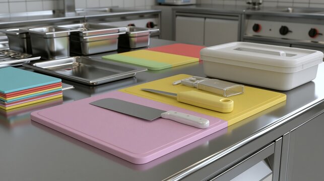 Empty Clean Commercial Kitchen Prep Zone with Color-Coded Cutting Boards and Knives