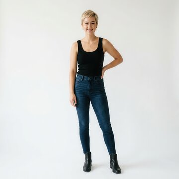 Blonde woman in black tank top and jeans.