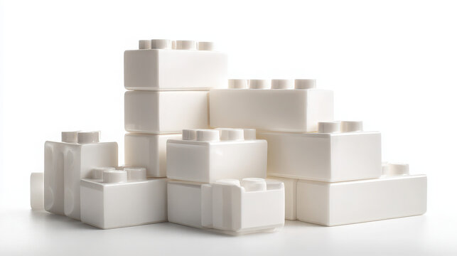 Stack of white plastic interlocking construction bricks isolated on pure white background studio shot with plastic building blocks blocks stacked together
