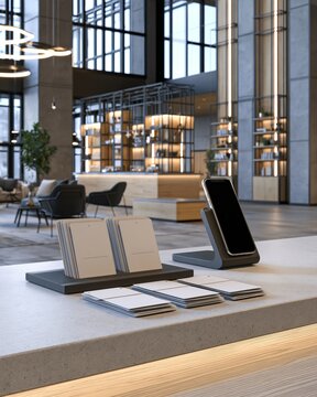 Hotel Mobile Key Support Counter with Blank Key Sleeves and Phone Stand in Modern Lobby