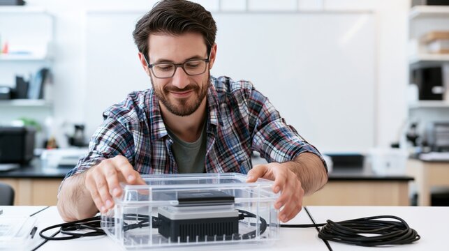 Male Science Teacher Placing Sensor Module into Clear Borrow Box in STEM Lab