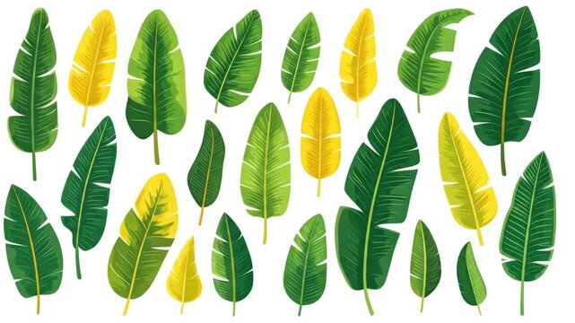 Tropical green and yellow banana leaf pattern on white.
