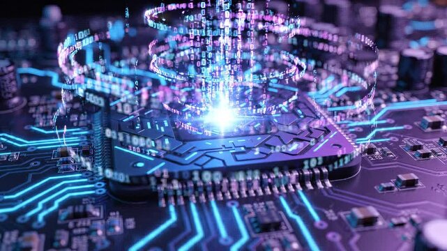 Exploring the design of an AI chip on a circuit board with glowing connections and detailed electronic components