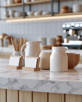 Milk Alternative Station with Pitchers, Stir Sticks, and Blank Cards on Cafe Counter