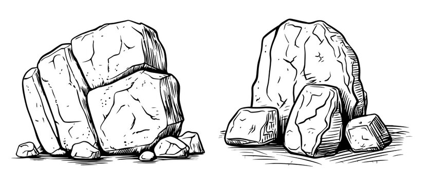 Black and white ink sketch of heavy stones and rocks outline vector illustration