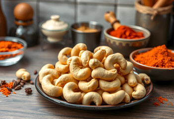 Fototapeta premium Pile of raw cashew nuts on a dark plate with spices and ingredients in the background on a wooden table, Various spices and cooking ingredients in bowls are visible in the blurred background