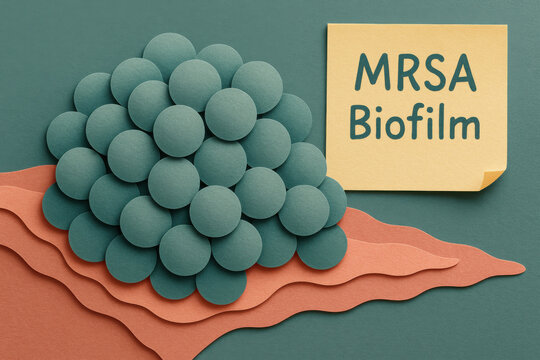 MRSA biofilm clustered spherical bacteria cell colony on tissue surface with sticky note label, muted teal coral palette, soft paper texture, layered illustration