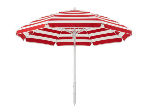 Red and white striped beach umbrella. Isolated sunshade for summer vacation and travel.