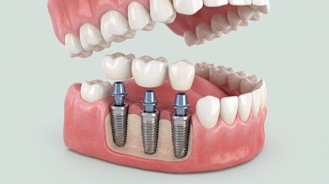 Dental implant bridge structure showing three teeth implants in lower jawbone model with crowns and abutments, medical education illustration on light background