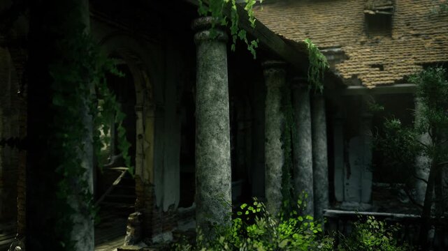 Shadowed arcaded hallway with sunbeams cutting through dust, moss draped arches and peeling plaster, scattered beam patterns creating cinematic contrast