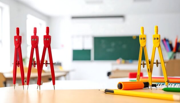 School supplies on wooden desk table.