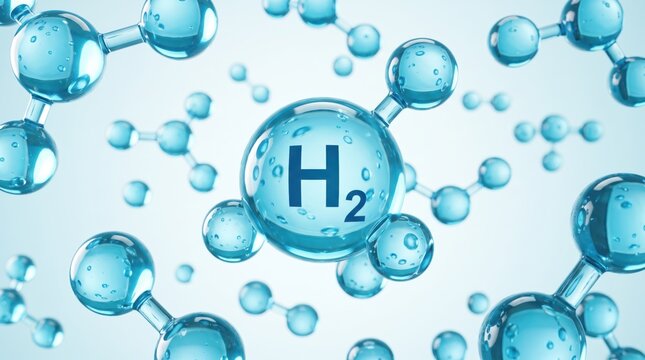 Abstract 3D blue hydrogen H2 molecules floating in clear space representing clean renewable energy source sustainable fuel technology chemical structure for scientific research and industry