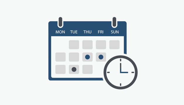 Icon of a blue calendar with marked dates next to a dark gray analog clock, symbolizing scheduling, plans and deadlines.