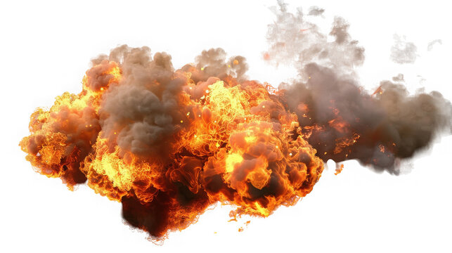 Fiery combustion blast with intense orange flames with dark smoke on transparent background