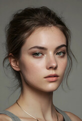 Naklejka premium Young woman with natural makeup and a subtle expression, beauty and skincare concept, studio portrait with soft lighting