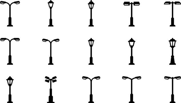 Street Light and Lantern Silhouette Icon Set with Modern Urban Lampposts and Vintage Pillar Lighting Symbols for City Blueprint and Exterior Architectural Vector Designs