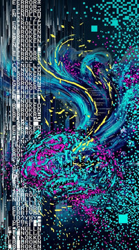 Glitching digital brain artwork with abstract code elements, symbolizing technological disruption, data corruption, and AI, perfect for tech or concept themes.