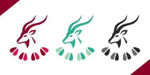 Obraz premium Minimalist vector illustration showing the stylized face of an antelope or gazelle in three different color variations