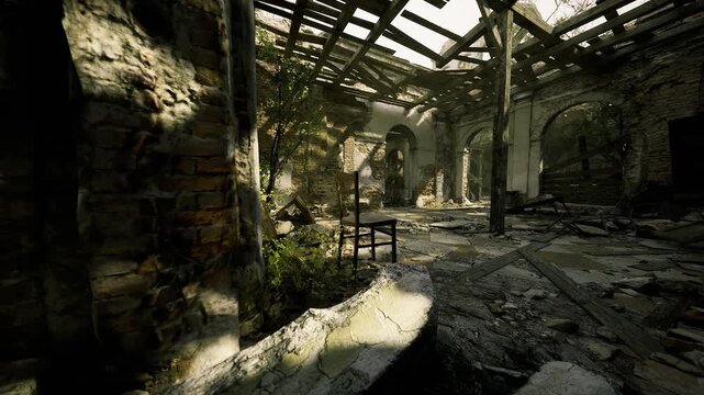Overgrown interior with empty chair, soft sunlight filtering through fractured roof, green vines and moss encroaching on tiled floor, abandoned threshold