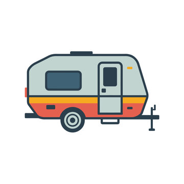 Retro camper trailer, vintage caravan, travel and adventure, road trip, outdoor leisure, pastel colors, illustration