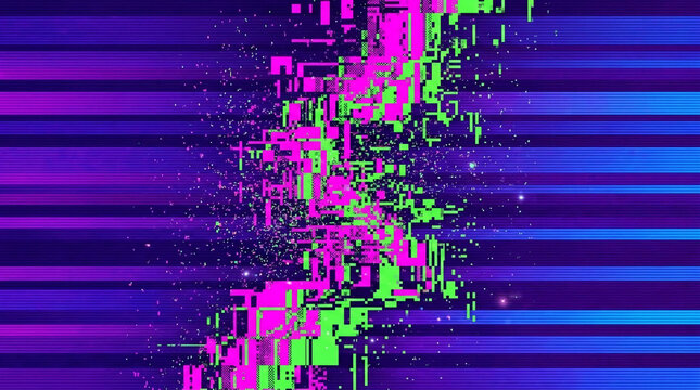 Abstract digital glitch art with vibrant pink and green blocks on a purple and blue striped background, symbolizing digital disruption or data corruption
