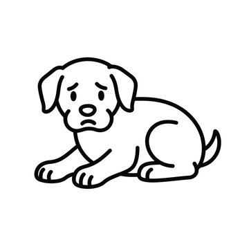 Sad puppy dog illustration, simple line art outline of a young canine with drooping ears and unhappy expression, conveying loneliness and distress
