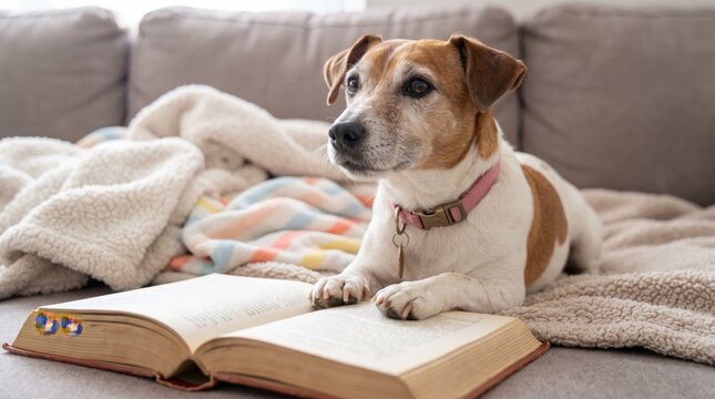 A charming Jack Russell terrier with a pink collar rests peacefully on a comfortable sofa, attentively looking at an open book placed in front of it, suggesting a cozy and intellectual moment at home