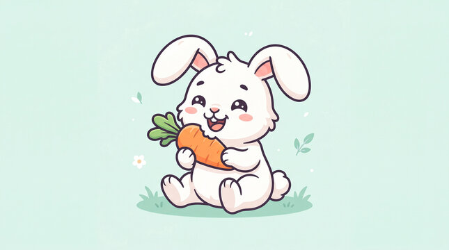 Cute rabbit cartoon mascot vector illustration with bold outlines eating a carrot on light background