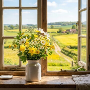 Bouquet of wildflowers on windowsill overlooking rural countryside view.