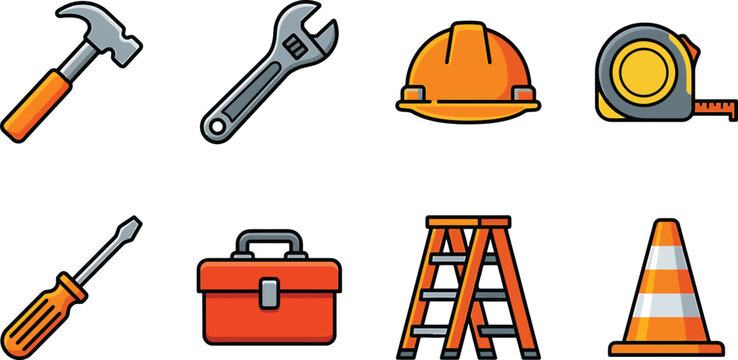 Set of construction and repair equipment icons featuring tools and safety gear in a flat vector style