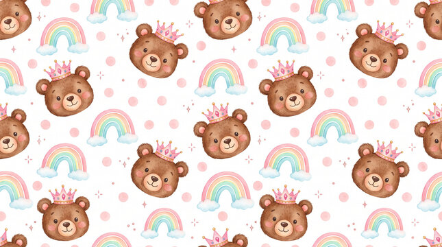 Watercolor teddy bear pattern with crowns and rainbows.