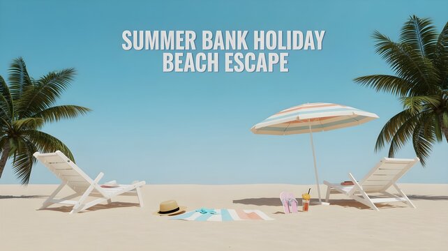 Relaxing tropical beach scene perfect for a sunny summer bank holiday getaway with palm trees and lounge chairs