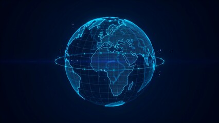 Obraz premium Digital global network hologram with glowing earth on dark blue background