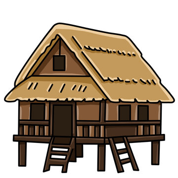 Traditional wooden stilt house vernacular architecture cartoon vector