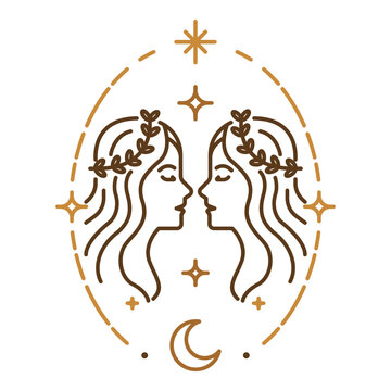 Gemini zodiac symbol with celestial oval frame