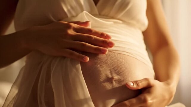 Pregnant Woman Holding Belly Close Up.