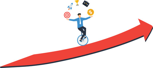 Businessman juggling priorities riding unicycle upward arrow representing business growth financial success risk management career ambition balancing goals startup challenge © Mr Fikh + Haider