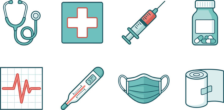 Set of medical equipment icons including stethoscope syringe thermometer and protective mask in flat vector style