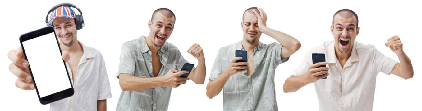 Young Man Showing Smartphone Screen and Expressing Various Emotions Set