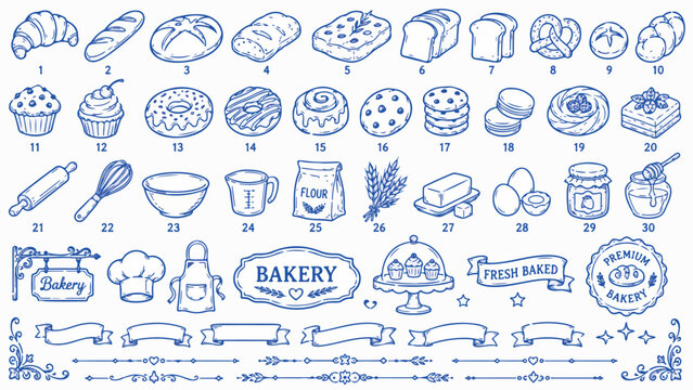 Hand drawn bakery icons set, blue line art bread and pastry collection, vintage cafe menu elements and baking tools vector illustrations