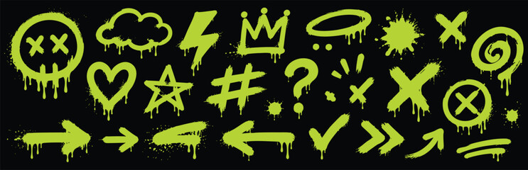 Neon green graffiti spray paint icons set on black background urban street art symbols including skull, heart, crown, arrows, star, and hashtag © Zbrake Studio